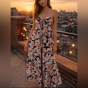 Abercrombie & Fitch Floral Maxi Dress Green and Light Pink Linen Blend Medium